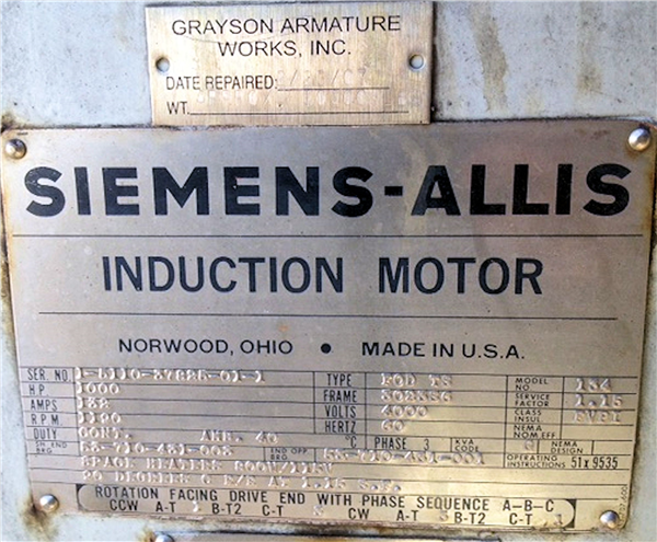 Siemens-allis 1000 Hp Induction Motor, 1190 Rpm, 60 Hz)